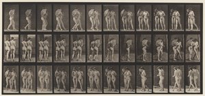 Planche 54. Marche, deux modèles/un agitant un éventail, bras dessus bras dessous - Eadweard Muybridge