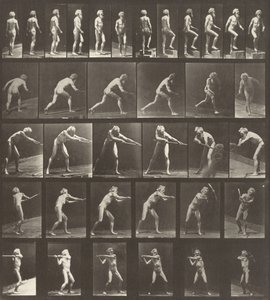 Planche numéro 521. A : Marcher. B : Monter une marche. C : Lancer le disque. D : Utiliser une pelle. E, F : Utiliser une pioche - Eadweard Muybridge