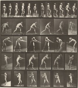 Planche numéro 521. A: Marcher. B: Monter une marche. C: Lancer un disque. D: Utiliser une pelle. E, F: Utiliser une pioche - Eadweard Muybridge