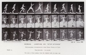 La figure humaine en mouvement : Femme, sautant sur des "pierres de pas" (photo n/b) - Eadweard Muybridge