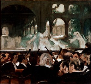 Au ballet « Robert le Diable » de Meyerbeer. Ballet composé par Jakob (Giacomo) Liebmann Meyerbeer (1791-1864) et Eugène Scribe. Spectateurs au premier rang. Peinture d