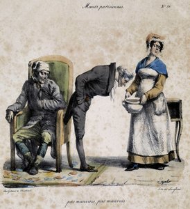 Malade, médecin regardant dans le pot et servante. Caricature des mœurs parisiennes par Pigal (19e siècle), conservée au Musée Dobrée à Nantes. - Edme Jean (after) Pigal