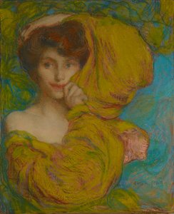 Jeune femme avec écharpe jaune, vers 1900