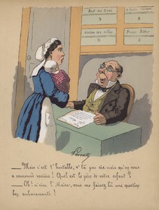 Une mère enregistrant son bébé à la mairie (lithographie en couleur) - Edmond Lavrate