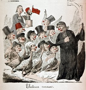 Électeurs ruraux : électeurs représentés comme des oies et attirés par un prêtre avec de l
