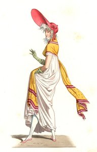 Jeune femme française habillée à la mode des Merveilleuses du XVIIIe siècle, d