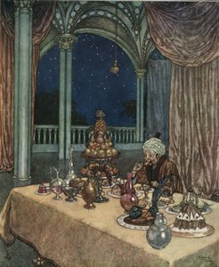La Belle et la Bête : Le père de Belle arrive au château et découvre une table remplie de victuailles, vers 1910 - Edmund Dulac