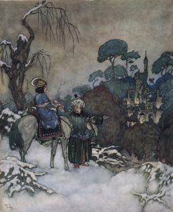 La Belle et la Bête : la Belle, ayant accepté de prendre la place de son père prisonnier de la Bête pour le libérer, se dirige vers le château, vers 1910 - Edmund Dulac