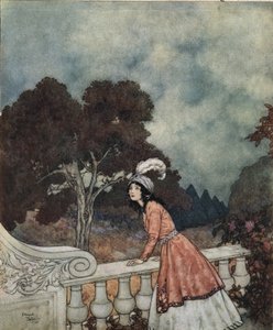 Barbe bleue : La jeune épouse de Barbe bleue, Fatima, demande à sa sœur Anne si elle voit ses frères depuis la tour, vers 1910 (lithographie)