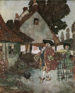 Cendrillon : le ministre cherche dans tous les cottages et maisons du royaume la fille qui a perdu sa pantoufle de vair vers 1910 - Edmund Dulac
