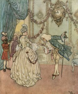 Cendrillon : La jeune Cendrillon est venue assister au bal grâce à sa marraine fée et rencontre le prince qui lui baise la main c.1910 - Edmund Dulac