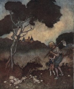 La belle au bois dormant : les tours du château de la princesse apparaissent au-dessus des arbres.