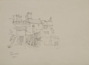 Croquis de la cour derrière la grange du Warden à New College, avec des logements en arrière-plan