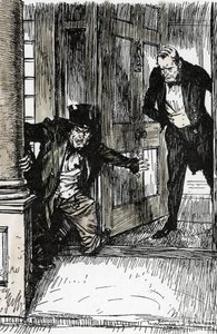Dr Lanyon ouvre sa porte et découvre Mr Hyde vêtu de vêtements trop grands, Illustration par Edmund Joseph Sullivan (1869-1933) pour le roman « L