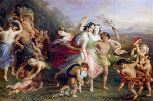 "Matinee de mai" Danse et rondes de personnages des bois, enfants couronnes de fleurs. Peinture d