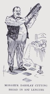 Paris bohème : Monsieur Darblay coupant le pain en longueurs de sou (litho)