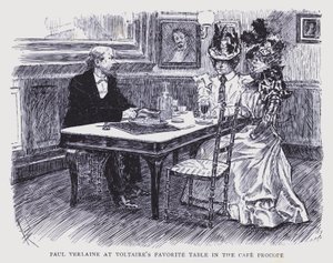 Paris bohème : Paul Verlaine à la table préférée de Voltaire au Café Procope (litho)