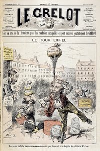 Caricature sur les scandales financiers « La Tour Eiffel : le plus habile bâtonniste - rétracteur vu depuis le célèbre Vivier ». Couverture « Le Grelot » du 22 janvier - Edouard Guillaumin Pepin