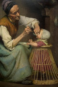 Une vieille femme nourrit sa petite-fille tenue dans un trotteur en osier, par Édouard Jérôme Paupion - Edouard Jerome Paupion