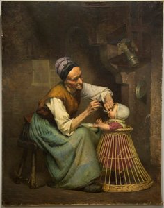 Une vieille femme nourrit sa petite-fille tenue dans un trotteur en osier - Edouard Jerome Paupion