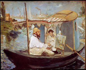 Claude Monet peignant dans son bateau-atelier