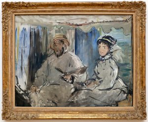 Le peintre Claude Monet (1840-1926) dans son atelier (à ses côtés, sa femme Camille, dans son atelier bateau) - Édouard Manet