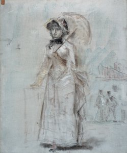 Femme marchant avec un parapluie ouvert, 1880