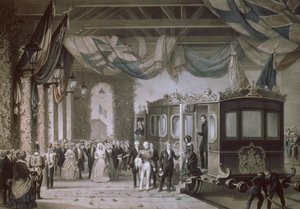 La reine Victoria (1819-1901) et le prince Albert (1819-61) arrivant à la gare de Gosport, Hampshire, gravé par Bayot & Cuvilier, 1846
