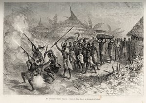 Un enterrement à Siene-re, à Fourou (Mali), le cortège funèbre traverse le village, mené par les hommes armés de la famille du défunt, suivi des femmes portant des queues de vache et du corps du défunt, attaché dans une natte. Gravure pour illustrer l
