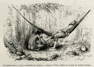 Une jeune femme Roucouyan extrait les échardes qui ont blessé les pieds de l