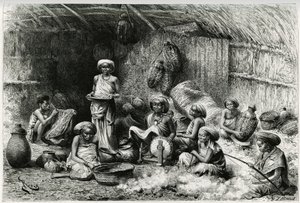 Un après-midi chez la favorite du Cheikh des Gobrons, activités des femmes : broderie et filage de la laine, vannerie et poterie. Gravure par Riou, pour illustrer le récit « Voyage chez les Benadir, les somalis et les Bayoun », en 1882-1883, par Georges Re - Edouard Riou
