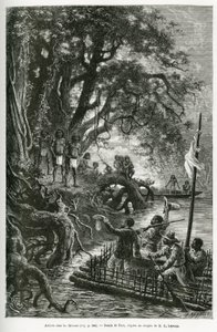 Arrivée du radeau du Dr. Crevaux et de E. Lejeanne, sur les rives bordant le village de Mitouas. Gravure de Riou, pour illustrer le voyage d