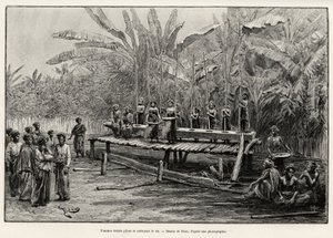 Femmes Batak, groupe ethnique du nord de Sumatra, pilant et nettoyant le riz. Gravure de Riou pour illustrer l