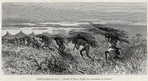 Captifs portant du bois dans la brousse (illustration de Du Niger au golfe de Guinée par le capitaine Louis Gustave Binger, 1887-1889, dans Le tour du monde)