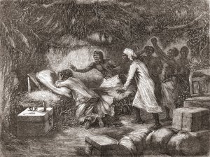 Mort du Dr Livingstone dans le village de Tchitammbo, Afrique, en 1873, illustration de "Le Monde entre les Mains", publié en 1878