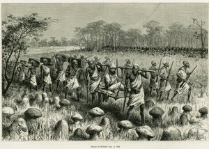 Départ de Kalassa, le narrateur voyageur dans sa chaise avec des porteurs. Gravure par Riou pour illustrer l