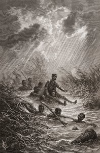 Dr. David Livingstone porté à travers un marais par des porteurs lors de son expédition en Afrique en 1872, illustration de "Le Monde entre les Mains", gravée par Charles Laplante - Edouard Riou