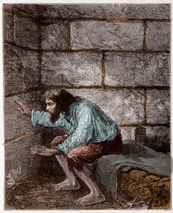 Edmond Dantès, alias le Comte de Monte-Cristo dans sa prison - Gravure par Riou, dans « Le Comte de Monte-Cristo » par Alexandre Dumas