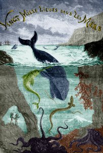 Frontispice du roman de Jules Verne Vingt mille lieues sous les mers (1870), gravure, document colorisé