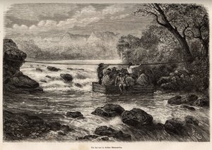 La traversée par le bac de la rivière Mesacancha (Bas Pérou), gravure de E.Riou illustrant le voyage dans les montagnes, la vallée de Huarancalqui et les régions de Pjonal, 1862-1863, par Paul Marcoy, publié dans "Le tour du monde" 1875