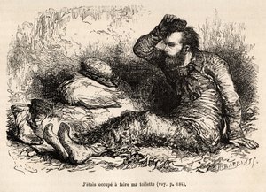 Lieutenant Tyson occupé à sa toilette matinale, peigne avant de mettre ses bottes (illustration de l
