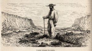 Paul Marcoy exhumant des momies incas (Bas Pérou), gravure de E.Riou illustrant le voyage dans les montagnes, la vallée de Huarancalqui et les régions de Pjonal, 1862-1863, par Paul Marcoy, publié dans "Le tour du monde" 1875 - Edouard Riou