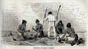Paul Marcoy apprit à faire un tapis avec les veuves de Sarayacu (Pérou), dessin de Riou, pour illustrer le voyage de Paul Marcoy de l