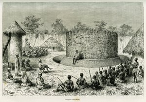 Réception chez Mkwewe, chef de tribu, avec le narrateur. Gravure de Riou pour illustrer le récit Les lacs de l