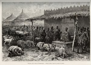 Réception chez le naba Sanem, du royaume Mossi (ou Mossé) de Waghadougou (Ouagadougou, Burkina Faso). Gravure de Riou, pour illustrer l