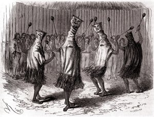 Danse rituelle des Indiens Ticuna du Pérou portant des déguisements et des masques - Edouard Riou