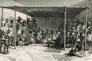 Signature du traité plaçant le pays de Kita (ancien Soudan français, actuel Mali) sous le protectorat de la France le 25 avril 1880 entre le commandant Joseph Gallieni (1849-1916) et Tokontan Keita (illustration de l