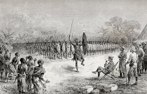 Sir Henry Morton Stanley regardant une danse phalange par les guerriers de Mazamboni à Usiri, 1890 (gravure sur bois) - Edouard Riou