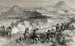 Première rencontre de Sir Henry Morton Stanley avec le peuple Mazamboni, 1890 (gravure sur bois) - Edouard Riou