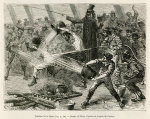 Le baptême de la ligne, un marin portait une vieille soutane et haranguait les autres marins de l